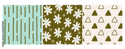 Cute green and turquoise seamless vector pattern background collection set with daisy flowers, stripes and triangles shape