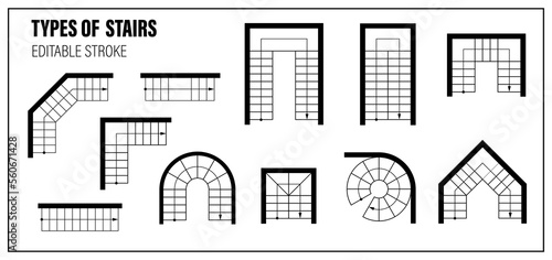 Set of stairs for floor plan top view. Architectural element for scheme of apartments. Kit of stairway icon and wall for interior project. Vector Construction symbol, graphic design element, blueprint