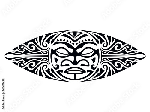 Polynesian style Tattoo design with mask. Isolated round tattoo vector.