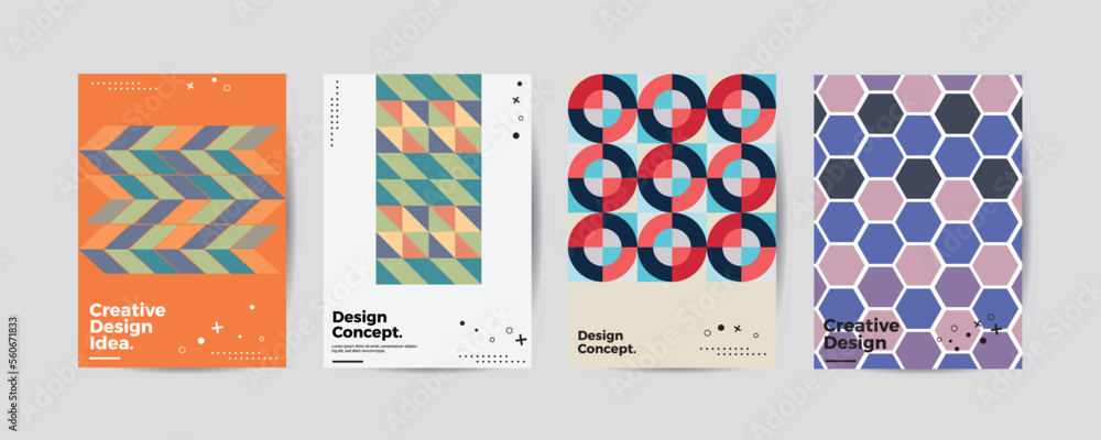 Obraz premium Company identity brochure template collection. Business presentation vector A4 vertical orientation front page mock up set. Corporate report cover abstract geometric illustration design layout bundle.