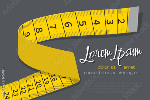 Yellow Measuring Tape. The Concept of Health, Body Care, Fitness, Proper Nutrition, Healthy Lifestyles, Weight Loss, Weight Management, Slimming. Template for Your Text photo
