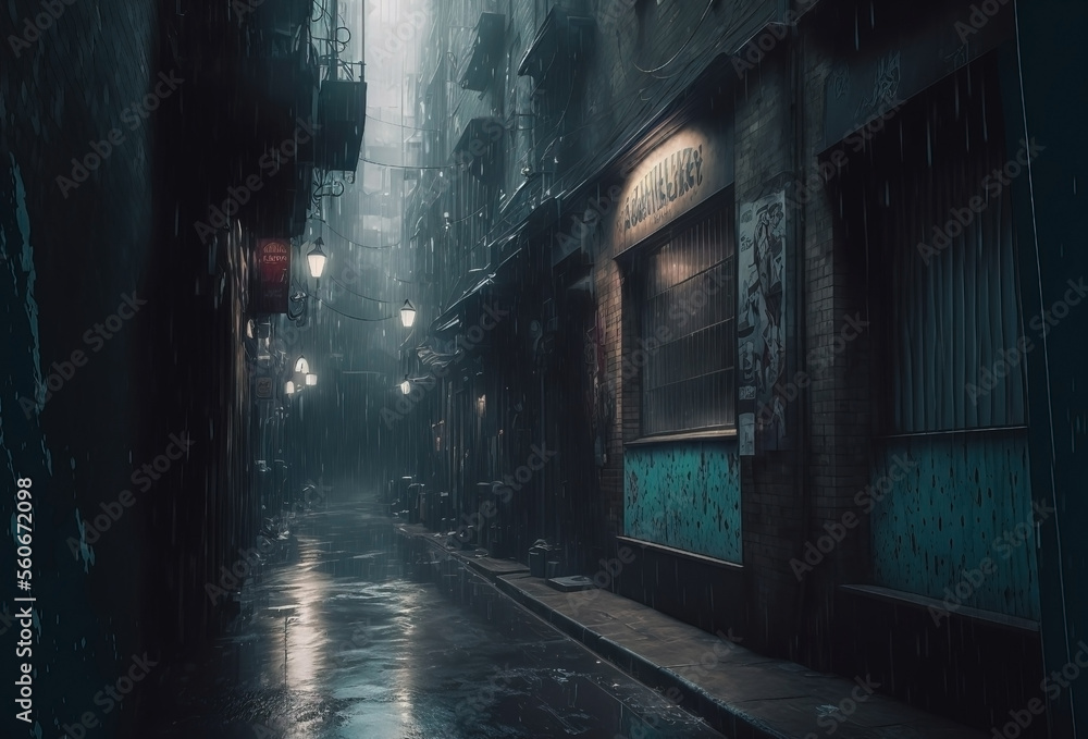 Perspective alleyway. Dark horror alley. Spooky urban landscape.  - obrazy, fototapety, plakaty 