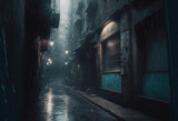 Perspective alleyway. Dark horror alley. Spooky urban landscape. 