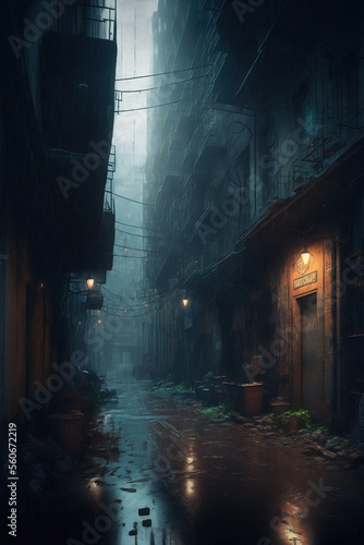 Dark misty and rainy alley with electricity wires