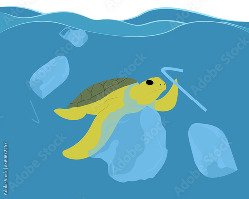 Marine turtle stuck in plastic bag floating among other plastic trash in a sea