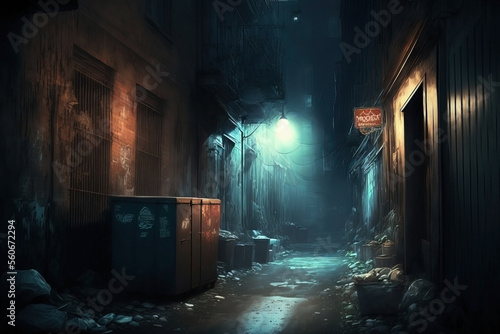Street lights. Alley with several slums and buildings photo