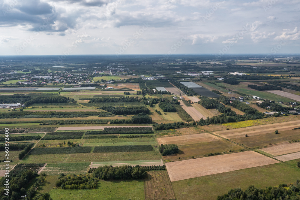 Aerial drone view in Ruda village near Tarczyn city, Piaseczno County in Poland