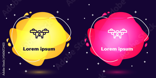 Set line Drone flying icon isolated on blue background. Quadrocopter with video and photo camera symbol. Abstract banner with liquid shapes. Vector