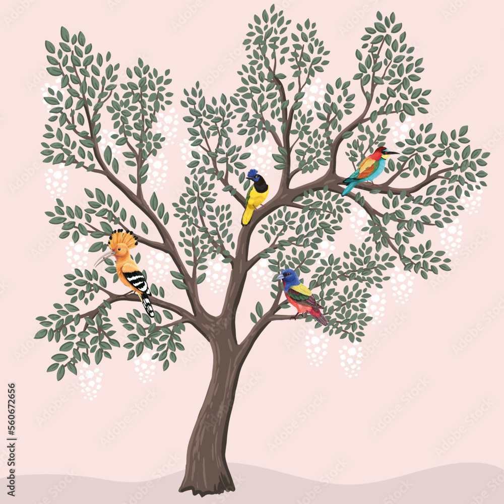Bright birds on the tree with white flowers. Hand drawn vector illustrations
