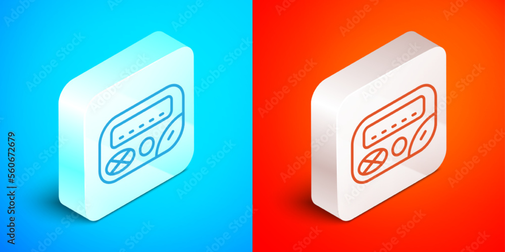 Isometric line Pager icon isolated on blue and red background. Vintage 1990s electronics messenger. Silver square button. Vector Isometric line Pager icon isolated on blue and red background. Vintage 1990s electronics messenger. Silver square button. Vector
