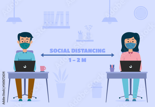 Illustration of new normal people social distancing at the office vector design