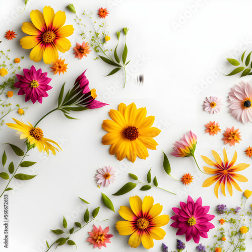 Top-view floral background photo with plenty of copy space, perfect for website backgrounds, social media posts, advertising, packaging, etc. Vibrant flowers, lush greenery, shallow depth of field. photo