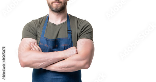 cropped view of man in apron isolated on white background photo