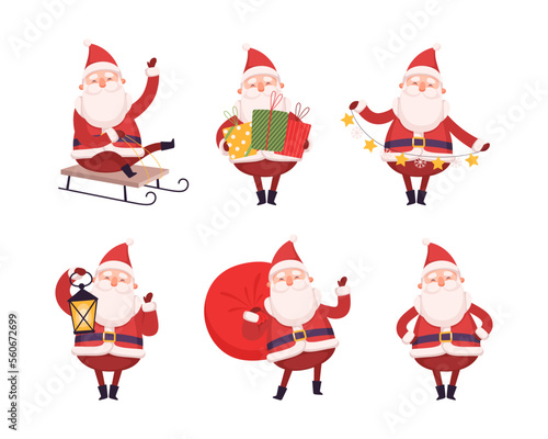 Set of funny Santa Claus character riding sleigh, carrying gifts and holding garland. Christmas New Year symbol cartoon vector illustration
