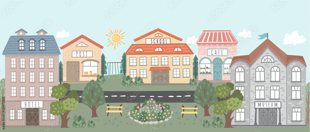 A street in little town. Hand drawn vector illustration for kid room wall decoration
