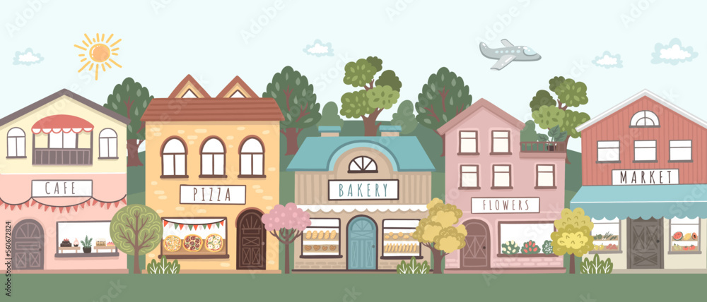 Little town street and little shops. Rid room decoration mural. Hand drawn vector illustration
