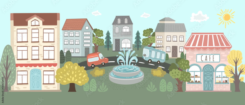 Town, buildings and road. Wall mural for kid room decoration. Vector hand drawn illustrations
