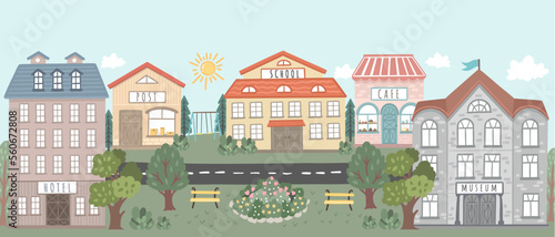 A street in little town. Hand drawn vector illustration for kid room wall decoration 