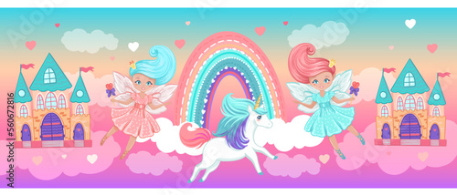 Castles, princesses and unicorn in the clouds. Wallpaper for kid girl room, with vector hand drawn illustrations with magic fairytale theme
