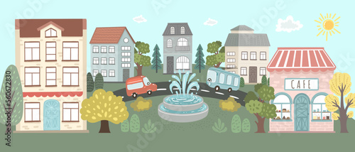 Town, buildings and road. Wall mural for kid room decoration. Vector hand drawn illustrations
