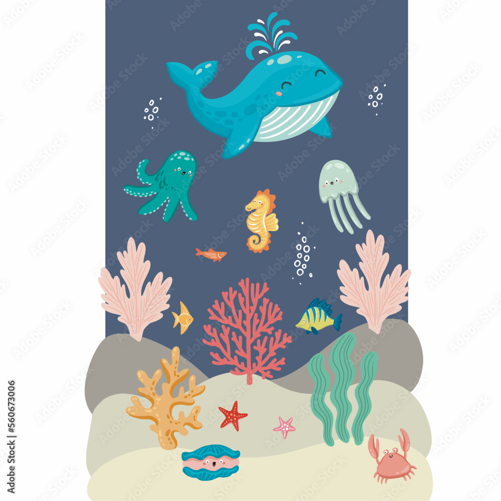 Obraz premium Underwater animals and plants. Vector illustration with hand drawn art 