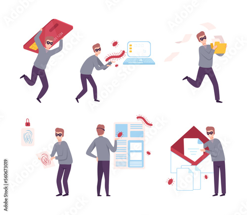 Scammer stealing personal privacy data and money from smartphone and computer set. Internet phishing scam, hacker attack, web security cartoon vector illustration