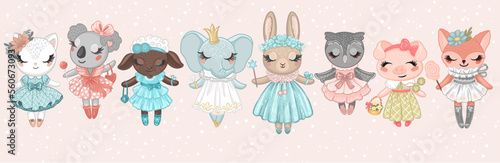 Cute stuffed animals - fashion girls characters. Kid nursery mural wallpaper. Vector hand drawn illustrations
