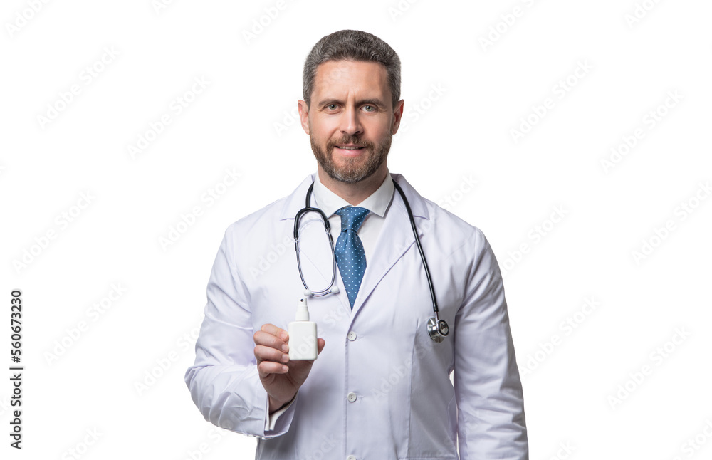 nasal medication. cheerful doctor hold nasal drop. man with nasal spray nasal medication. cheerful doctor hold nasal drop. man with nasal spray