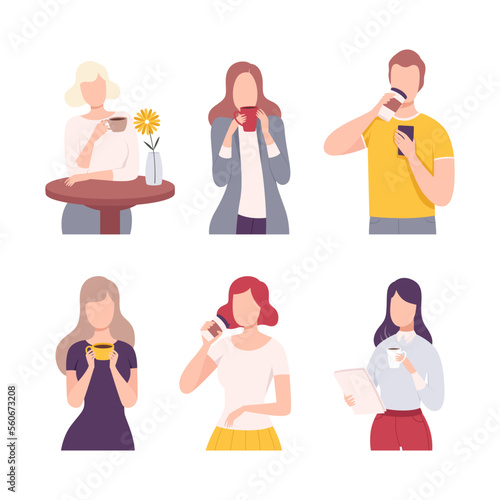 Set of male and female characters drinking coffee and tea flat vector illustration