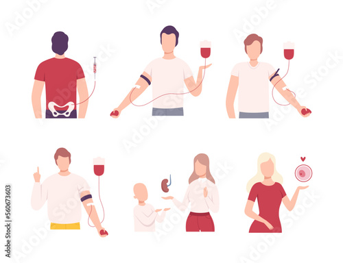Volunteers donating blood, bone marrow and organs set cartoon vector illustration