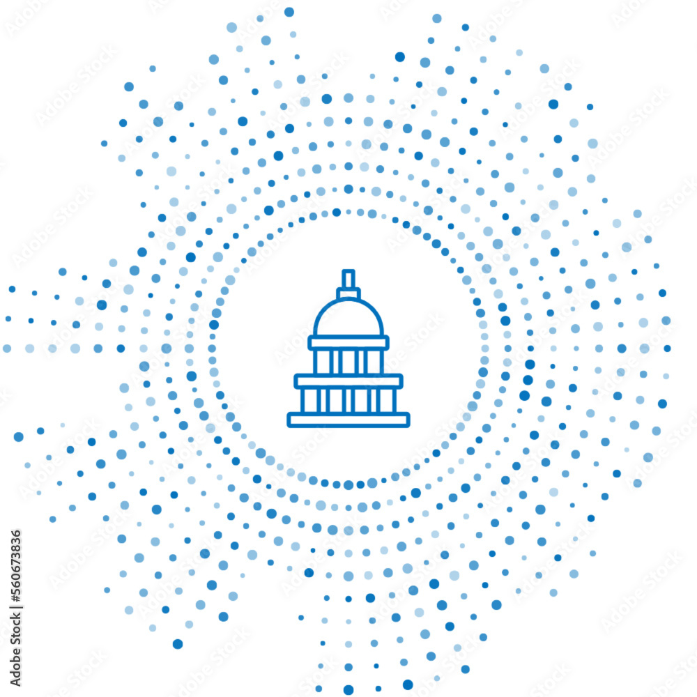 Blue line White House icon isolated on white background. Washington DC. Abstract circle random dots. Vector Blue line White House icon isolated on white background. Washington DC. Abstract circle random dots. Vector