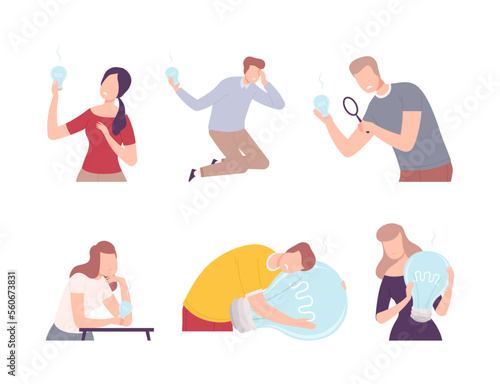 Stressed people have no ideas set. Depressed sad men and women with extinguished light bulbs. Problems in creativity, burnout and crisis flat vector illustration