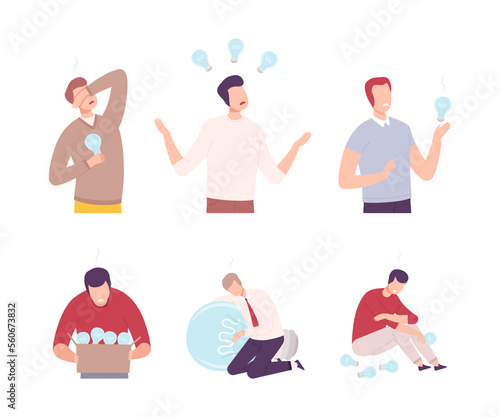 Stressed businessmen characters have no ideas set. Stressed men with extinguished light bulbs. Problems in creativity, burnout and crisis flat vector illustration