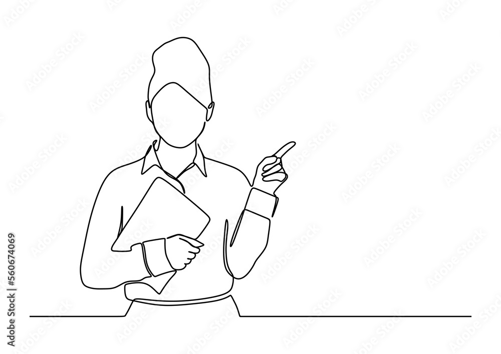 businesswoman in continuous line art drawing style. smiling and holding digital tablet, standing isolated on white background. Vector illustration businesswoman in continuous line art drawing style. smiling and holding digital tablet, standing isolated on white background. Vector illustration
