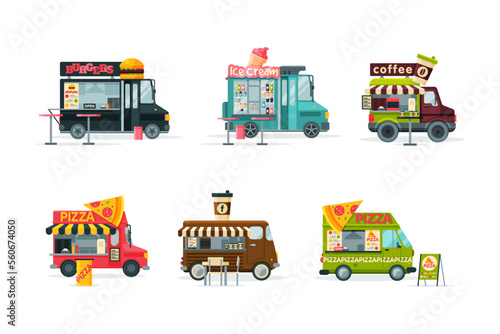 Street food trucks set. Burger, ice cream, coffee, pizza van cars cartoon vector illustration