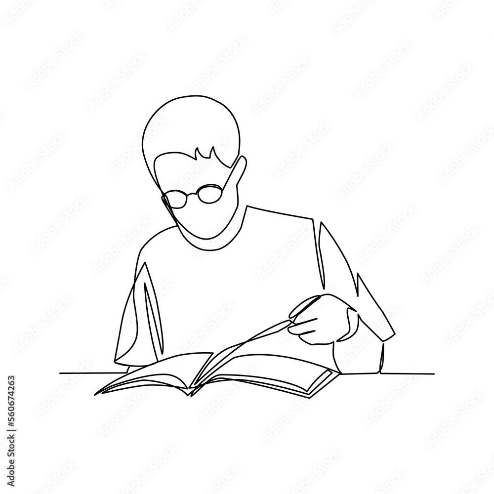 Vector illustration of a boy reading a book drawn in line art style