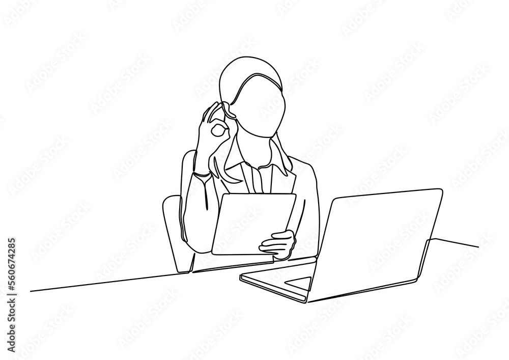 businesswoman in continuous line art drawing style. smiling and holding digital tablet, standing isolated on white background. Vector illustration businesswoman in continuous line art drawing style. smiling and holding digital tablet, standing isolated on white background. Vector illustration