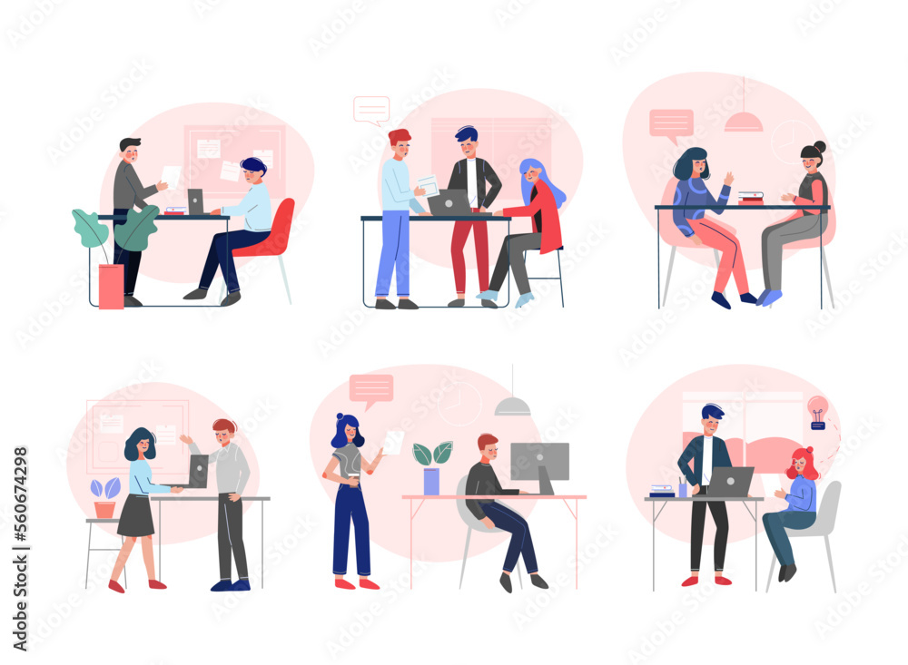 Group of office workers sitting at desks communicating and brainstorming. Conversation between colleagues at workplace flat vector illustration Group of office workers sitting at desks communicating and brainstorming. Conversation between colleagues at workplace flat vector illustration