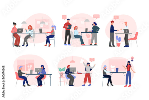 Office staff. Employees sitting at desks communicating and brainstorming. Conversation between colleagues at workplace flat vector illustration
