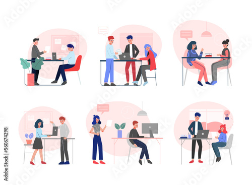 Group of office workers sitting at desks communicating and brainstorming. Conversation between colleagues at workplace flat vector illustration