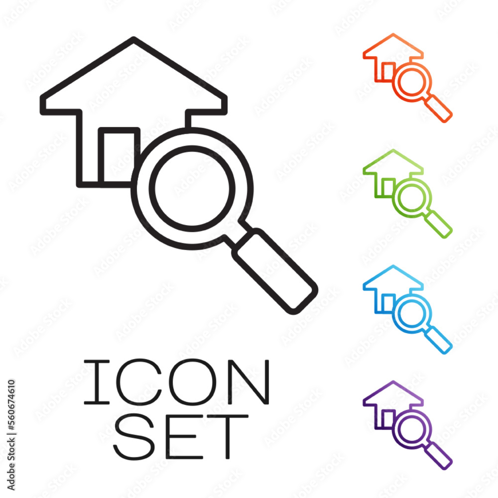 Black line Search house icon isolated on white background. Real estate symbol of a house under magnifying glass. Set icons colorful. Vector Black line Search house icon isolated on white background. Real estate symbol of a house under magnifying glass. Set icons colorful. Vector