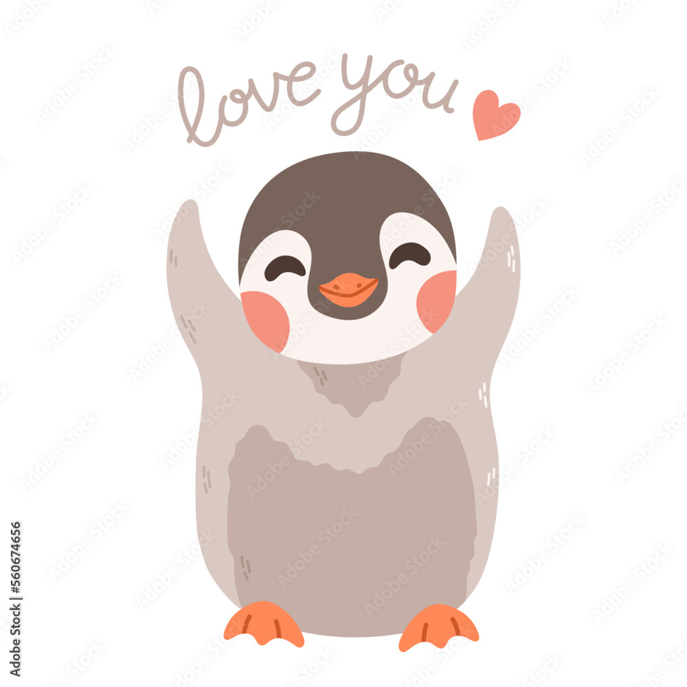 Obraz premium Cute penguin with lettering love you and heart. Penguin cartoon vector.
