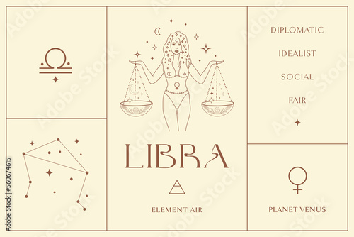 Libra Zodiac Sign Design Illustrations. Esoteric Vector Element, Icon. Light Set.