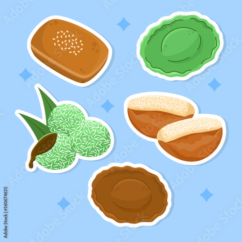 Hand drawn of various delicious traditional Indonesia snacks roti bantal goreng, kue cucur, klepon, kue pancong sticker set collection