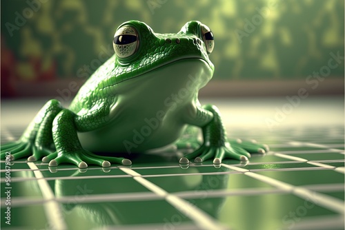 Illustration, Grüner Frosch auf grünen Fliesen, Generative AI 