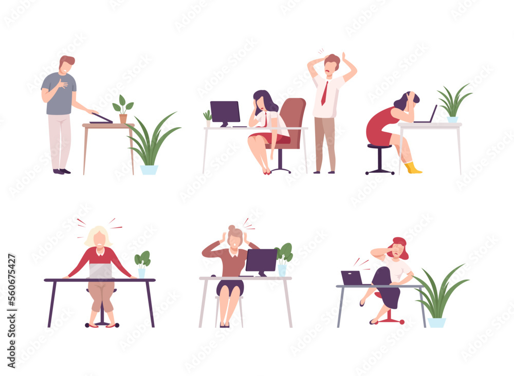 Stressed overworked business people working at computers set. Busy office workers characters flat vector illustration