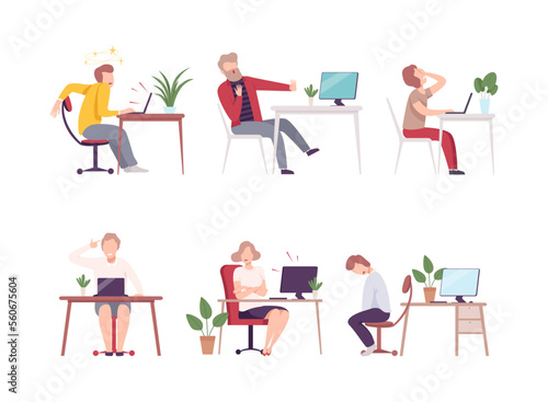 Tired overworked business people working in office set. Busy overloaded office workers characters flat vector illustration