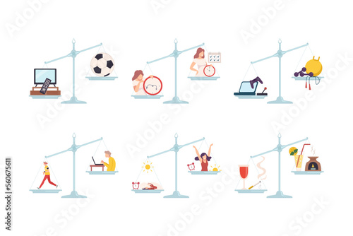 Bad and good habits set. People choosing between healthy and unhealthy lifestyle flat vector illustration