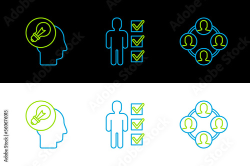 Set line Project team base, Human head with lamp bulb and User of in business suit icon. Vector