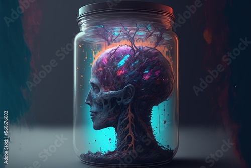 Laboratory experiment of human brain and alien mutagen infused in glass jar; bizarre living and sentient new life form evolving - Generative AI illustration. photo